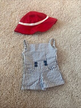 American Girl striped Blue & White Romper with Red Sun Hat